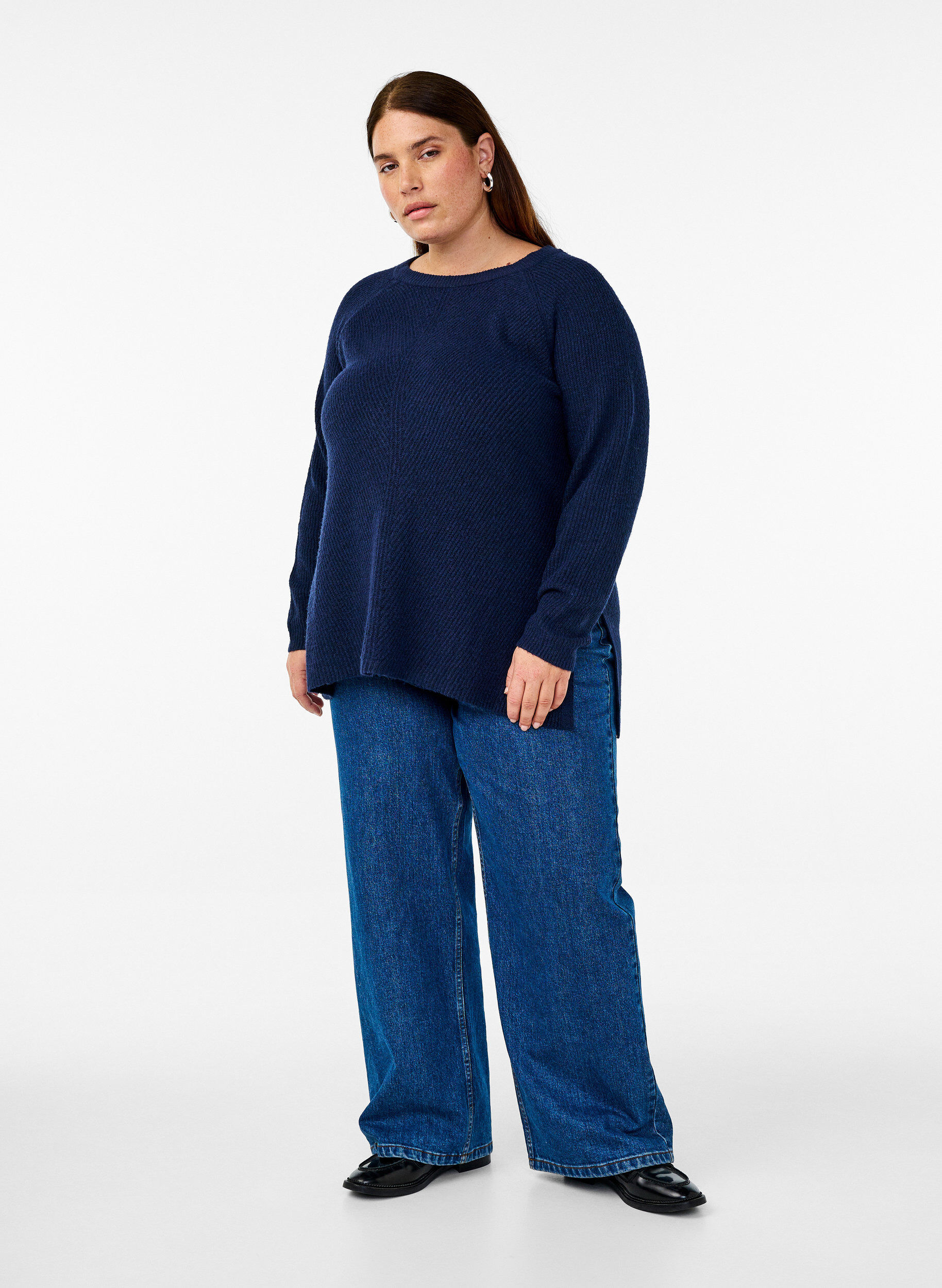 Zizzi Strikket bluse med rund hals, Naval Academy Mel., Model image number 2