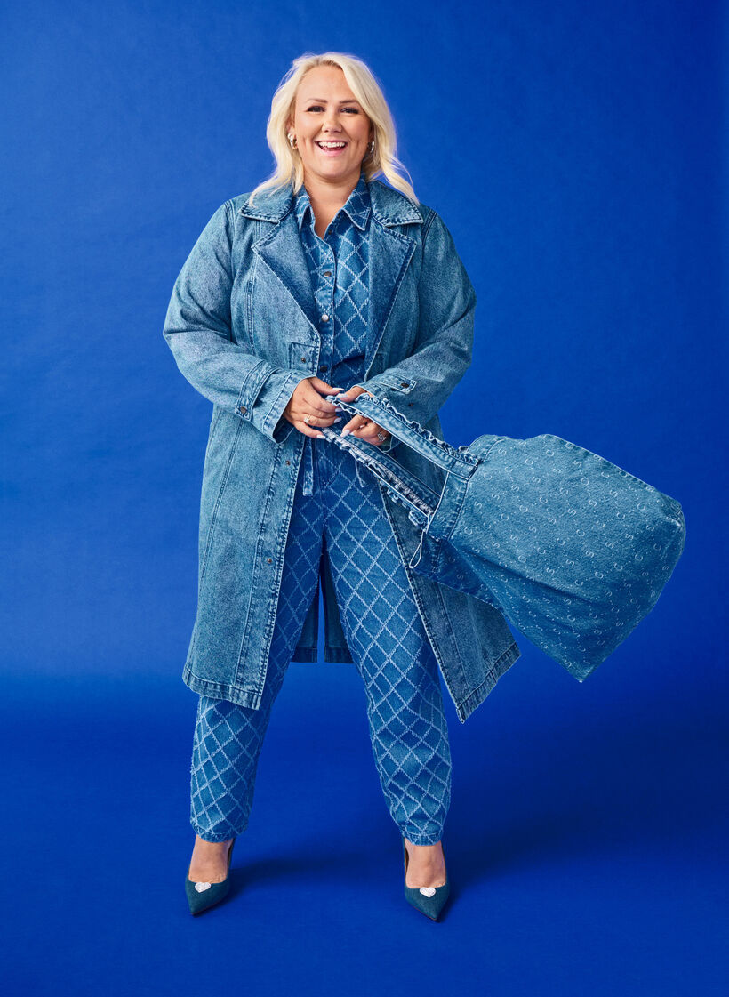 Trenchcoat i denim med belte, Blue Denim, Image image number 0