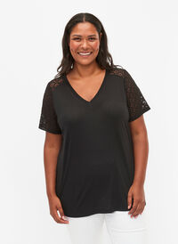T-skjorte med blondeermer, Black, Model
