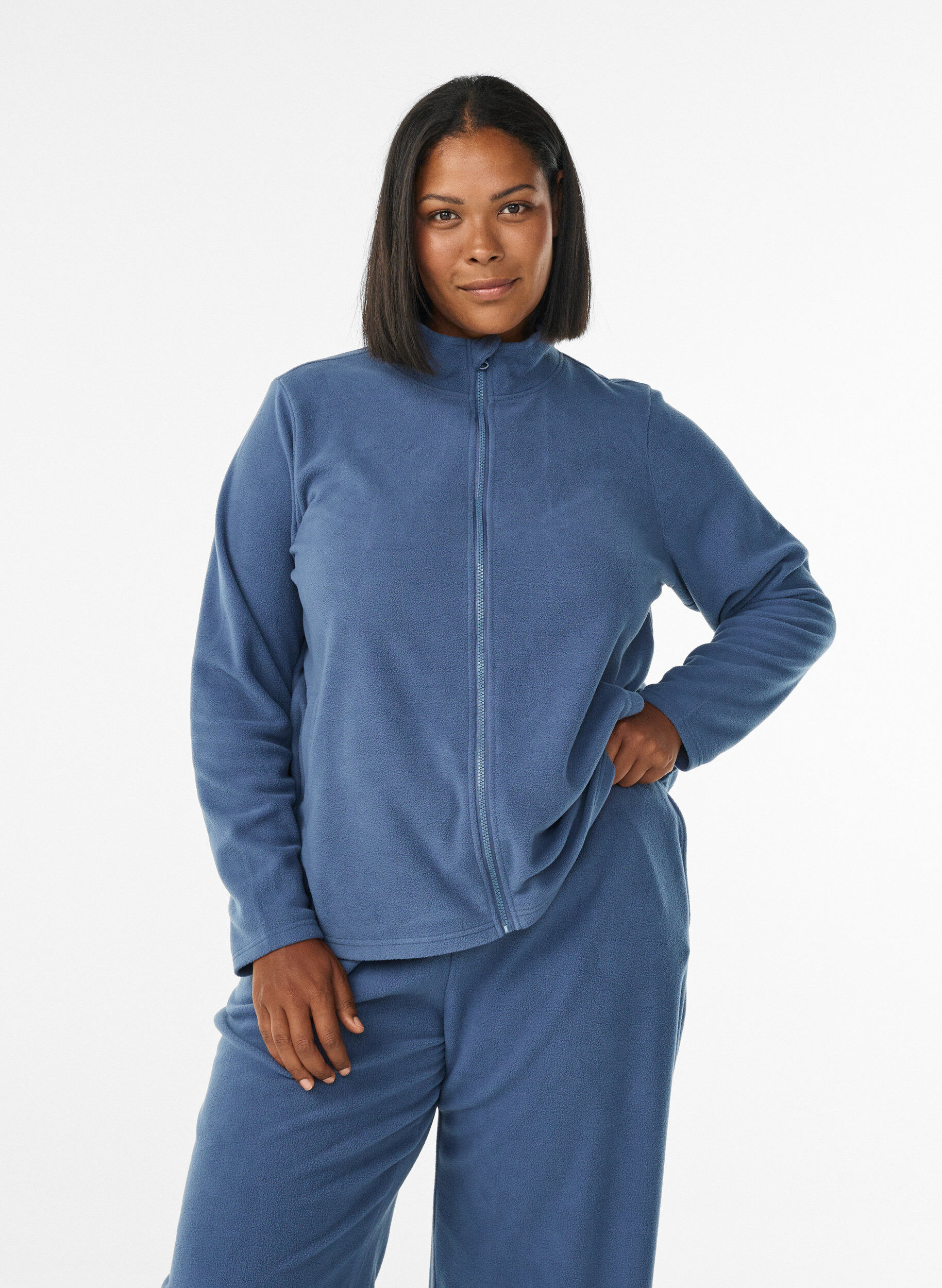 ZizziFleecetopp med glidel&aring;s og h&oslash;y krage, Bl&aring;, Model image number 0