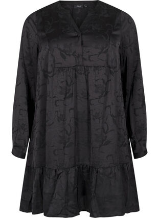 Zizzi Kort satengkjole med tone-på-tone mønster, Black, Packshot image number 0
