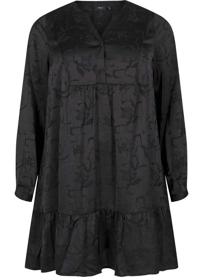 Kort satengkjole med tone-på-tone mønster, Black, Packshot image number 0