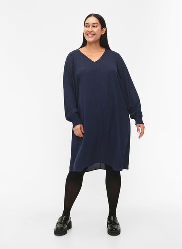 FLASH - langermet kjole med glitter, Navy w. Gold , Model image number 2