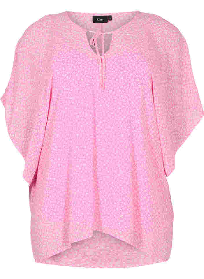 Mønstrete bluse med knyting og korte ermer, Pink Ditzy Flower, Packshot image number 0