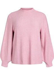 Ribbestrikket genser med puffede ermer og knapper, Romance Rose Mel.
