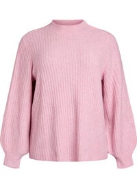 Ribbestrikket genser med puffede ermer og knapper, Rosa Ribbestrikket genser med puffede ermer og knapper