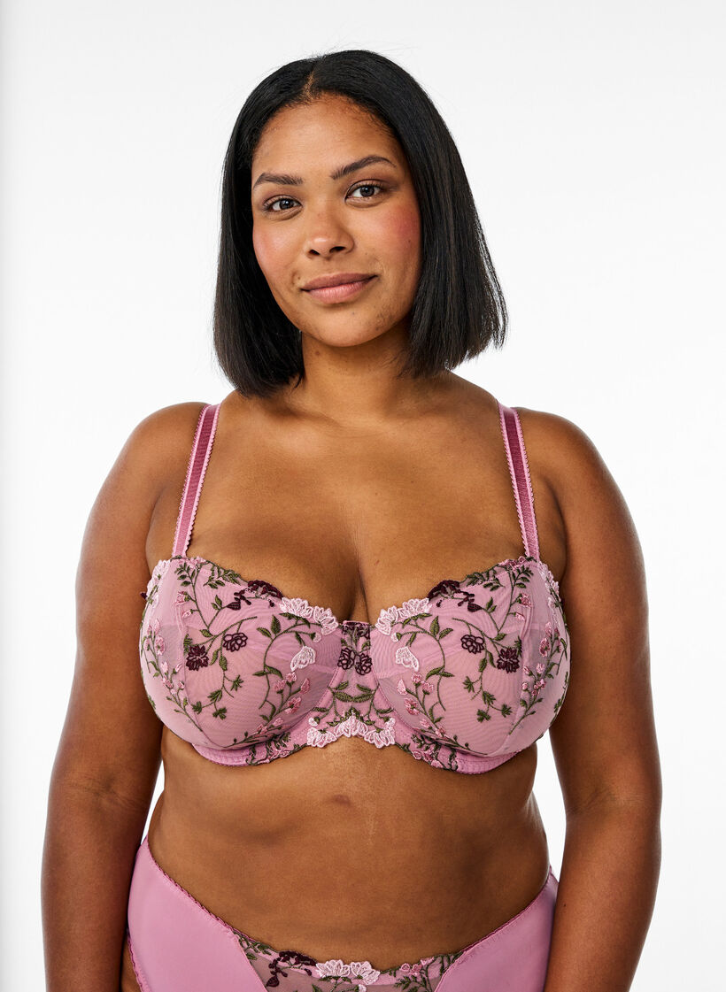 Balconette-BH med broderte blomster, Rosa, Model image number 0