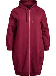 Lang treningscardigan i bomull med hette, M&oslash;rk Bordeaux