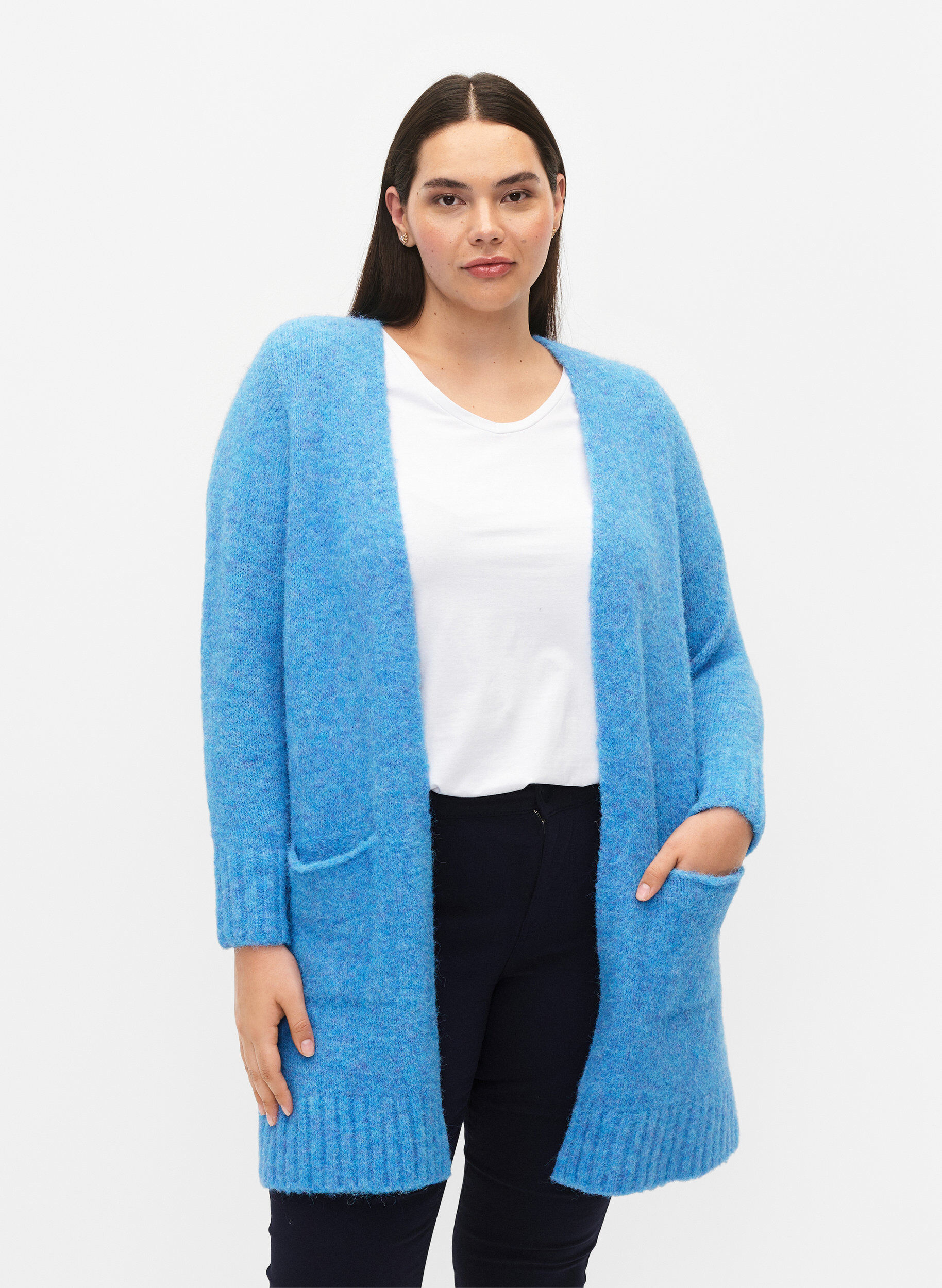 Zizzi Lang strikket cardigan i ull med lommer, French Blue, Model image number 0