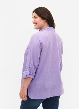 Skjortebluse med knappelukking i bomull-lin-blanding, Lavender, Model image number 1