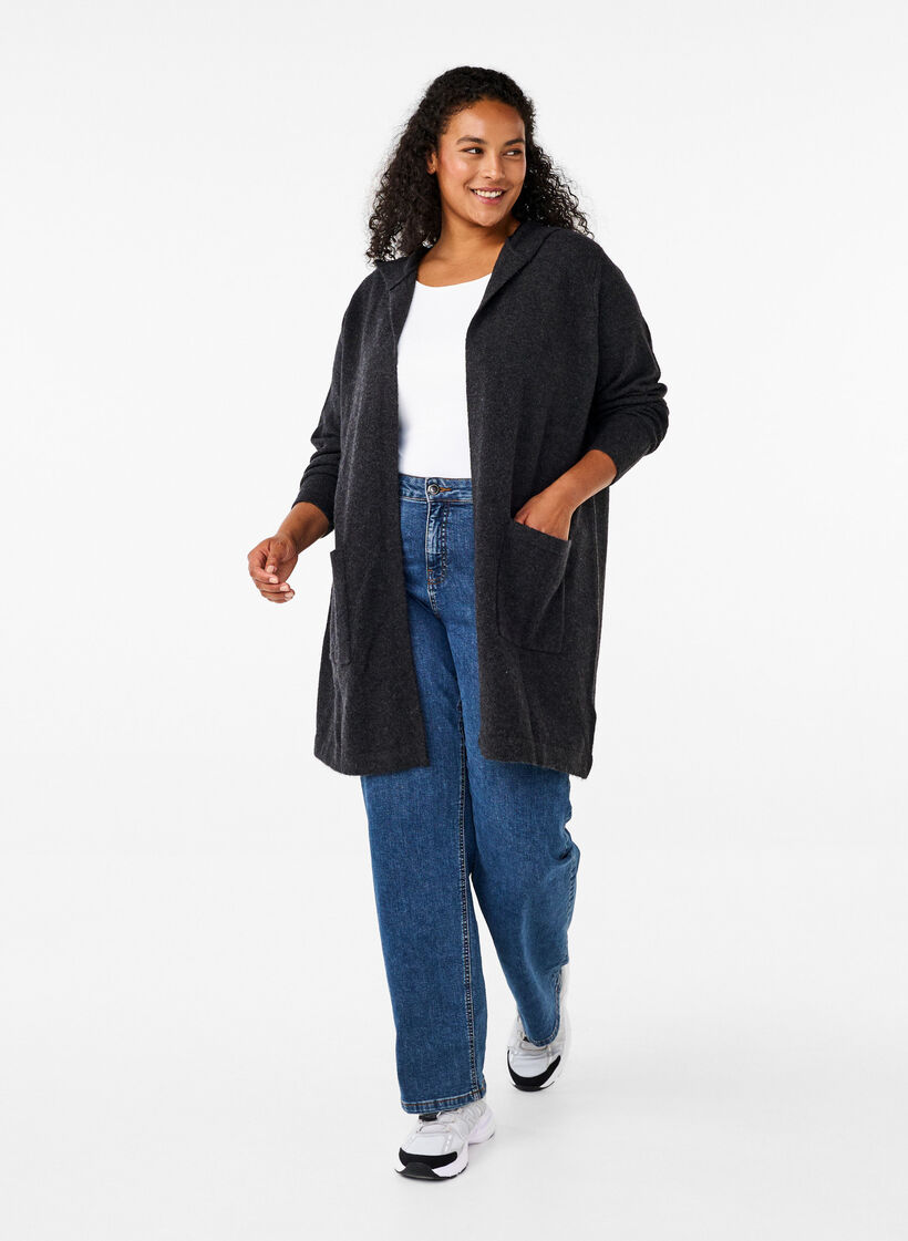 Lang strikket cardigan med ull og hette, Dark Grey Melange, Model image number 2