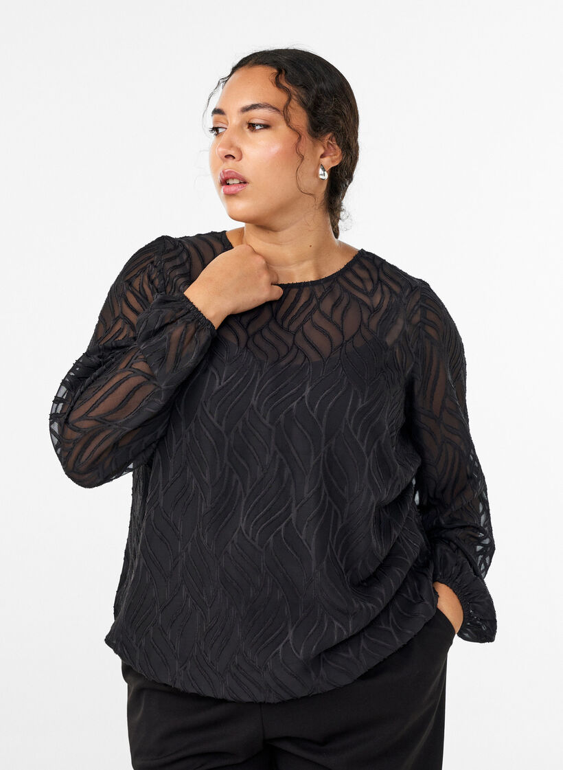 Bluse i chiffon med et teksturert m&oslash;nster, Svart, Model image number 0