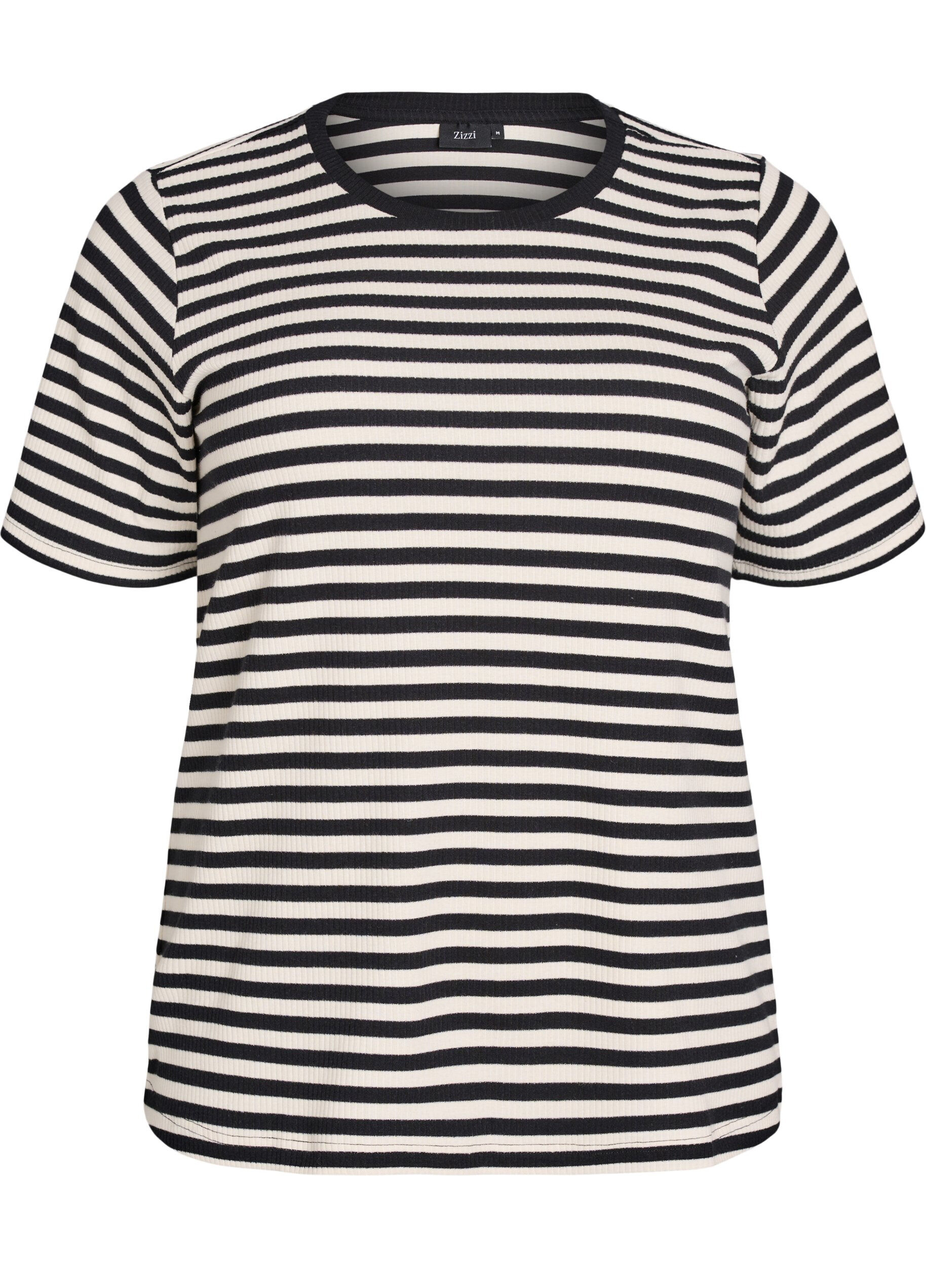 T-shirt med striper og ribbestrikket struktur