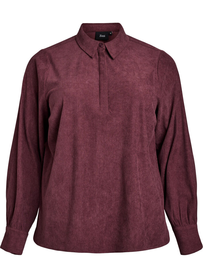 Langermet skjortebluse i cordfløyel, Mørk Bordeaux, Packshot image number 0