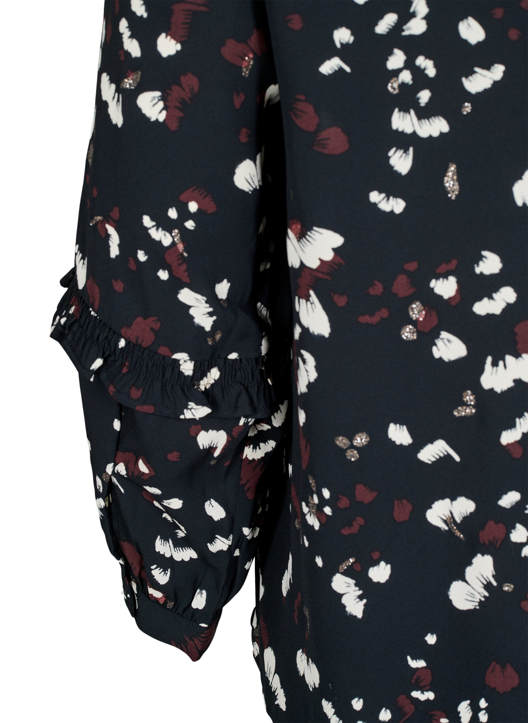Zizzi Bluse med trykk og volangdetaljer, Svart, Packshot image number 3