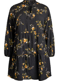 Blomstermønstret kjole med knytelukking, Black w. Orange