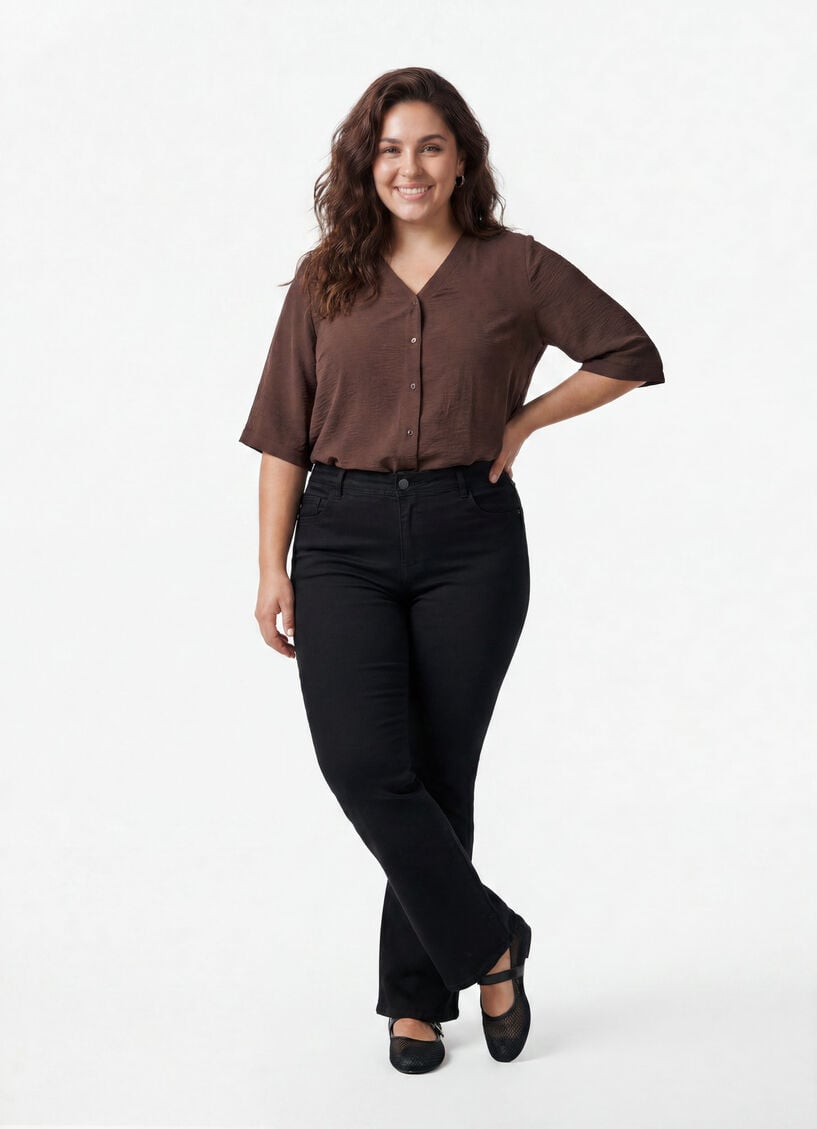 Skjortebluse med v-hals og 3/4 ermer, Brun, Model image number 1