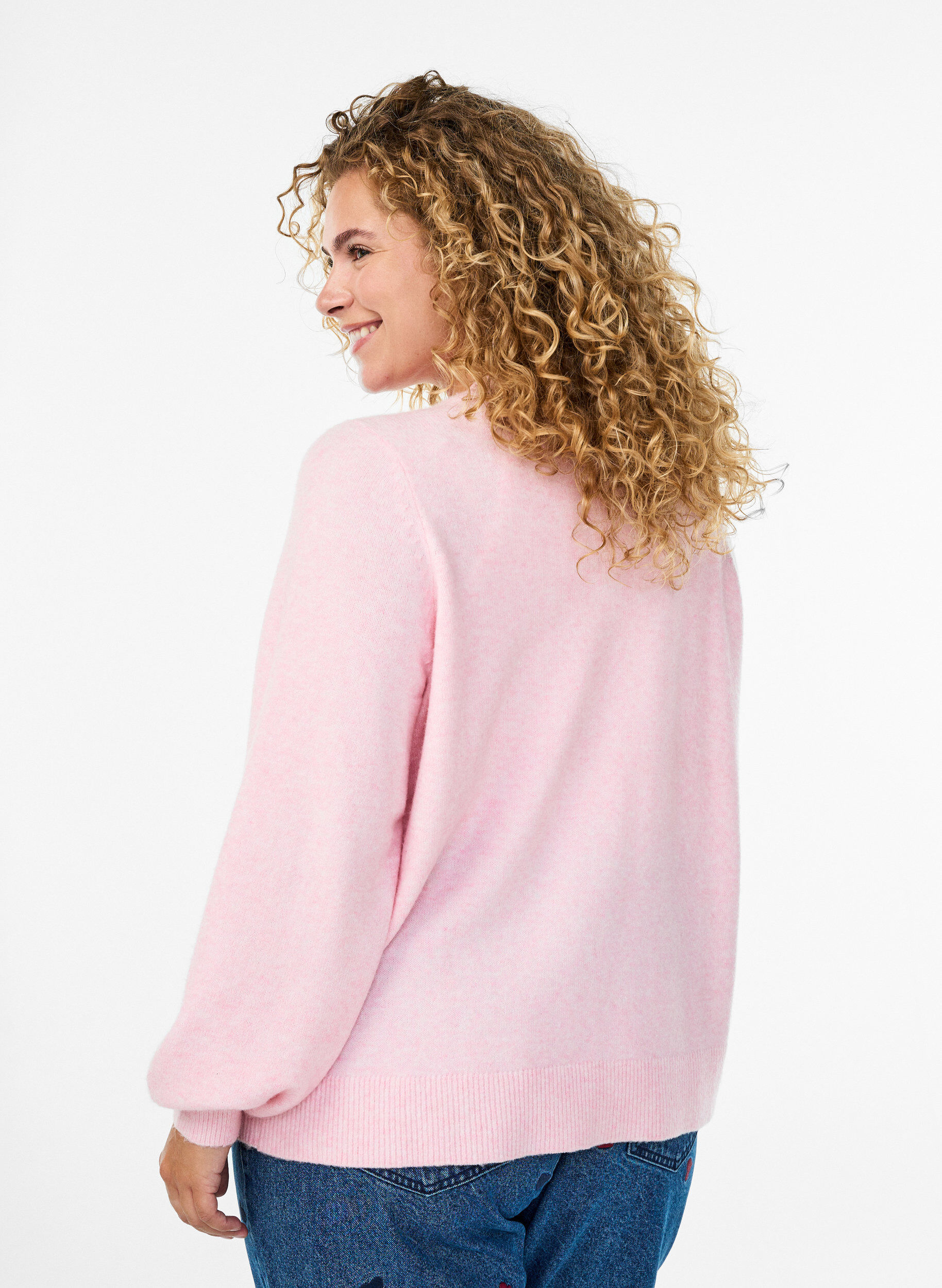 Zizzi Cardigan i myk strikk med gullfargede knapper, Rosa, Model image number 2