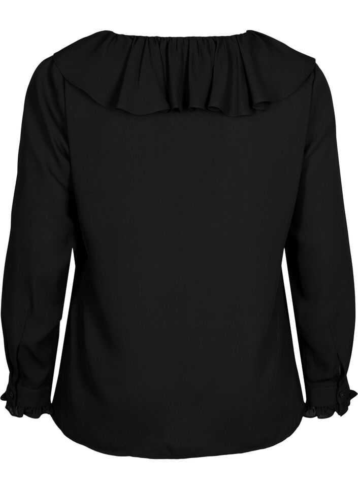 Bluse med lange ermer og volanger, Black, Packshot image number 1