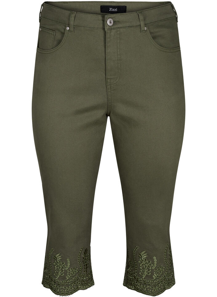 Knebukser med høy midje og engelsk broderi, Dusty Olive, Packshot image number 0
