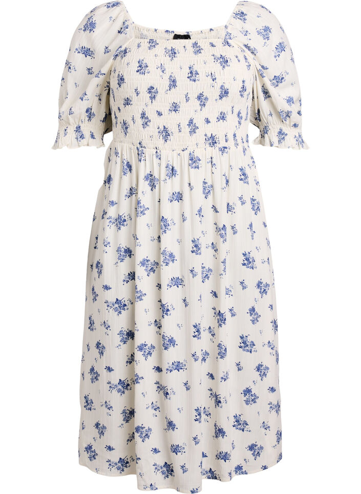 Blomstrete midikjole av viskose med smock, Hvit, Packshot image number 0