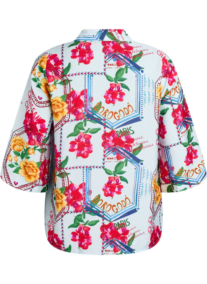 Bluse med albuelange ermer og fargerikt trykk, Bl&aring;, Packshot