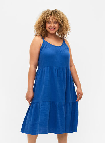 Ensfarget kjole i bomull med stropper, Victoria blue, Model image number 0