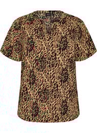 Bluse med korte ermer og V-hals, Brun