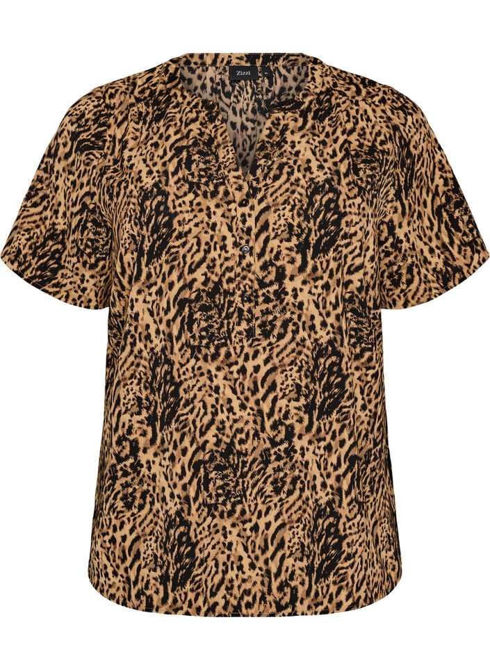 Bluse med korte ermer og V-hals, Brun, Packshot image number 0