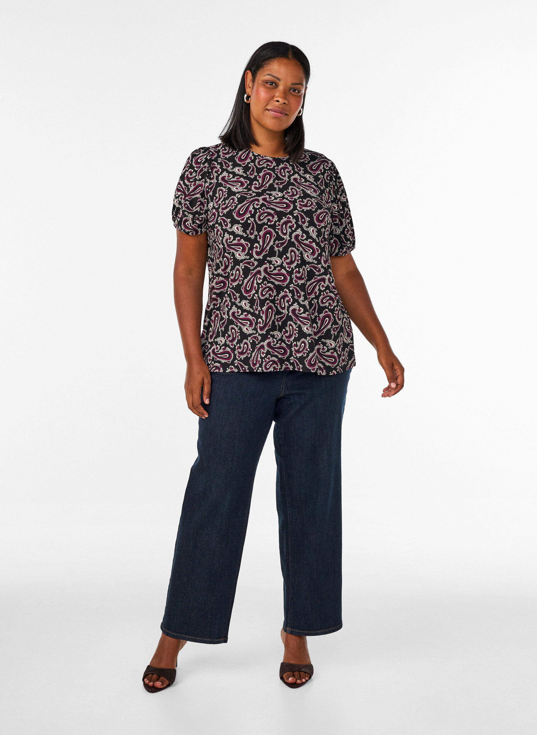 ZizziBluse med lange ermer og paisleym&oslash;nster, M&oslash;rk Bordeaux, Model image number 1
