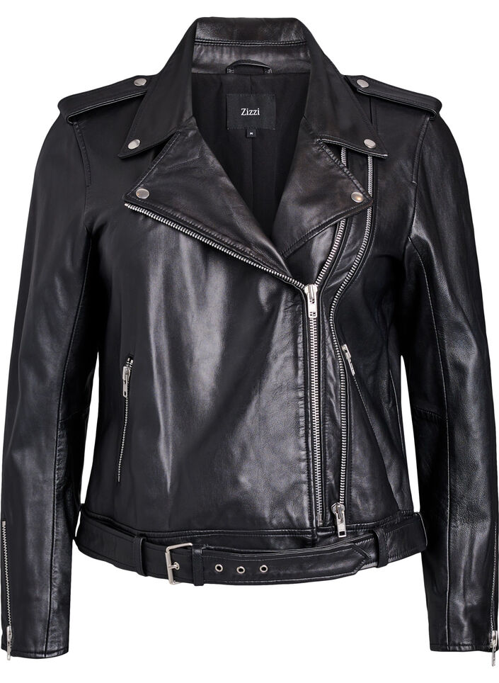 Skinn bikerjakke med belte, Black, Packshot