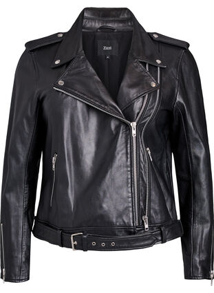 Zizzi Skinn bikerjakke med belte, Black, Packshot image number 0