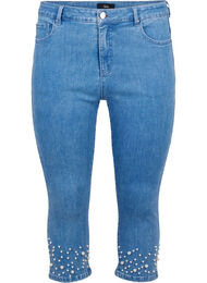 Capribukser i denim med høyt liv og perler, Light blue denim
