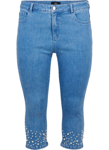 Capribukser i denim med høyt liv og perler, Light blue denim, Packshot image number 0