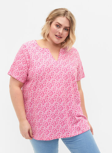 Blomstrete bomulls T-skjorte med V-hals, Shocking Pink AOP, Model image number 0