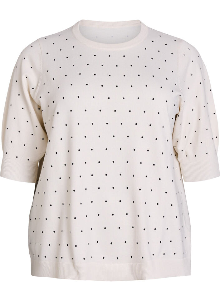 Strikket topp med prikkem&oslash;nster og korte ermer, Hvit, Packshot image number 0