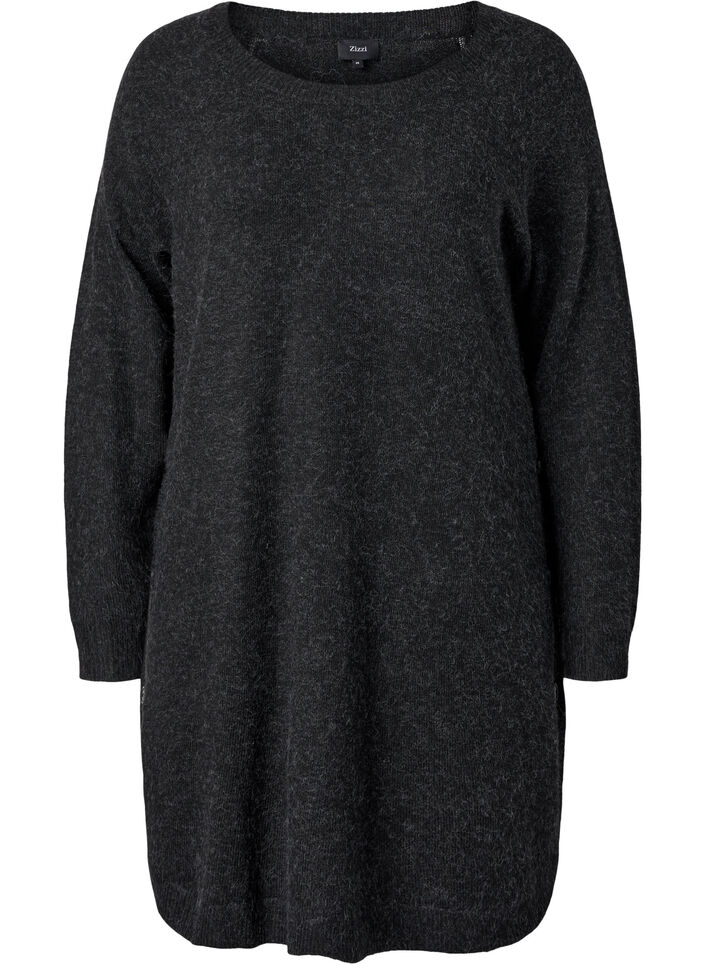 Melert strikkekjole med knapper, Dark Grey Melange, Packshot image number 0