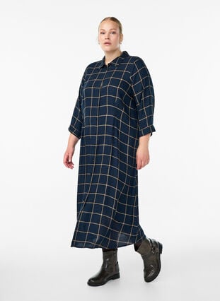Zizzi Lang rutete skjortekjole, Blue Beige Check, Model image number 0