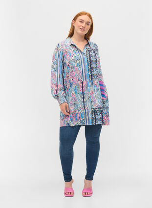 Lang viskoseskjorte i paisleymønster, Blue Pink Paisley , Model image number 2