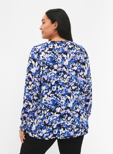 FLASH - Bluse med lange ermer og trykk	, Blue Purple Flower, Model image number 1