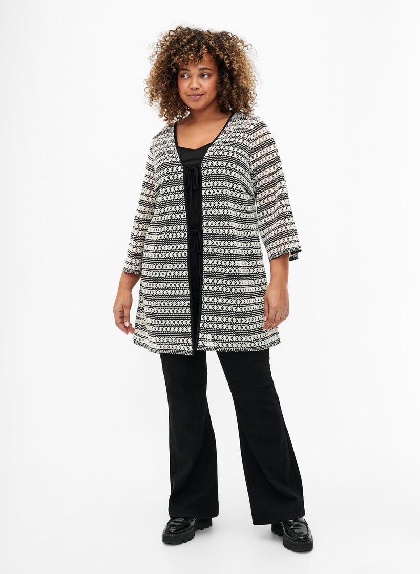 Heklet cardigan med knytebelte, Black White, Model image number 3
