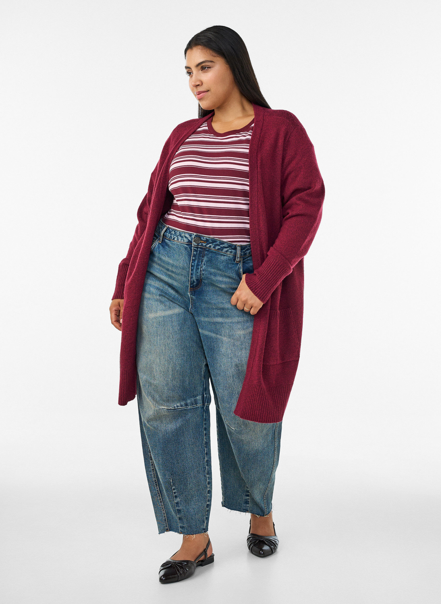 ZizziRibbestrikket cardigan med lommer, R&oslash;d, Model image number 1