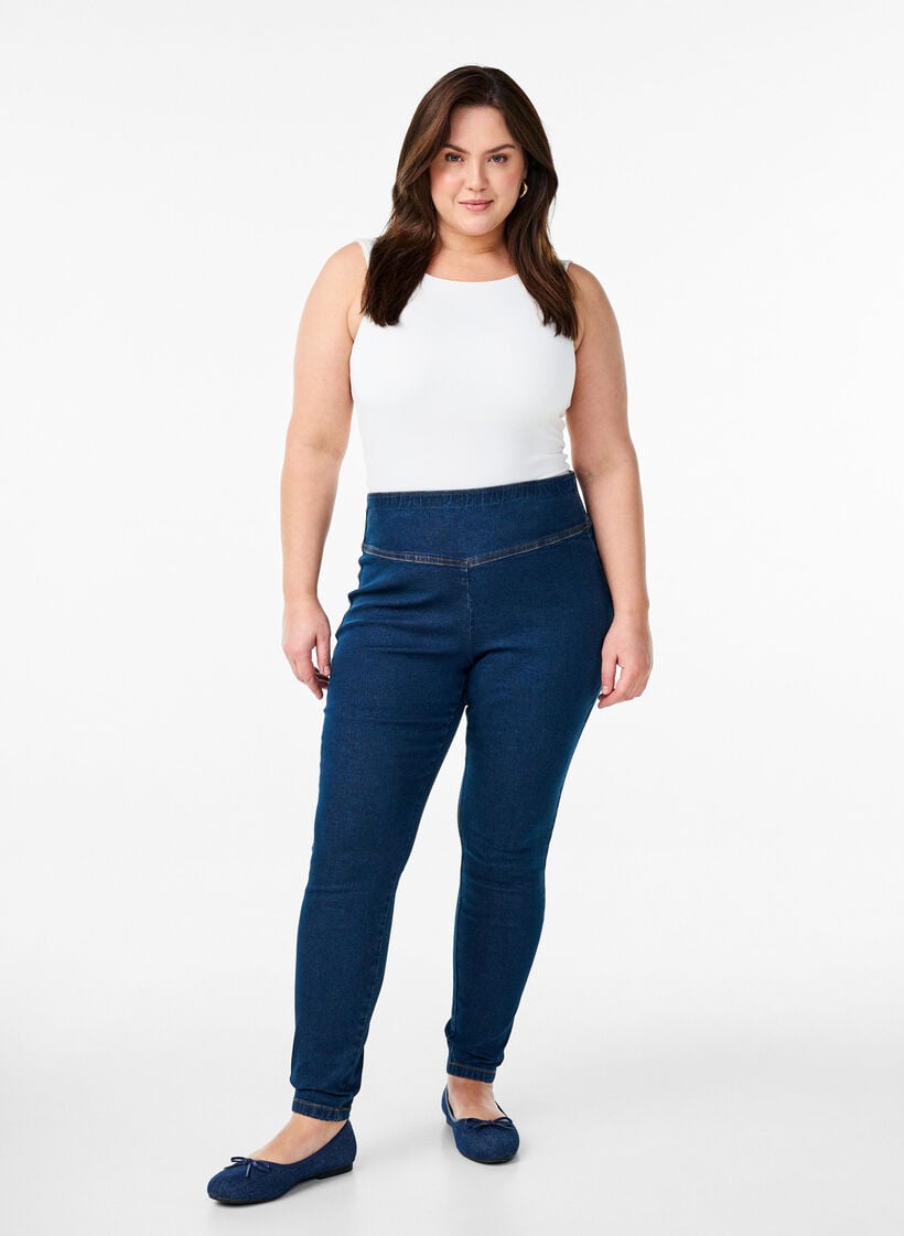 Elastiske jeggings med h&oslash;y midje, Bl&aring;, Model image number 0