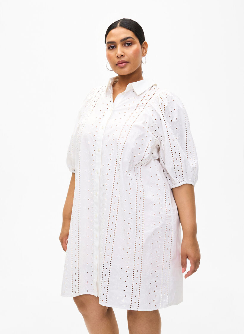 Skjortekjole i bomull med broderi anglaise, Off White, Model image number 0