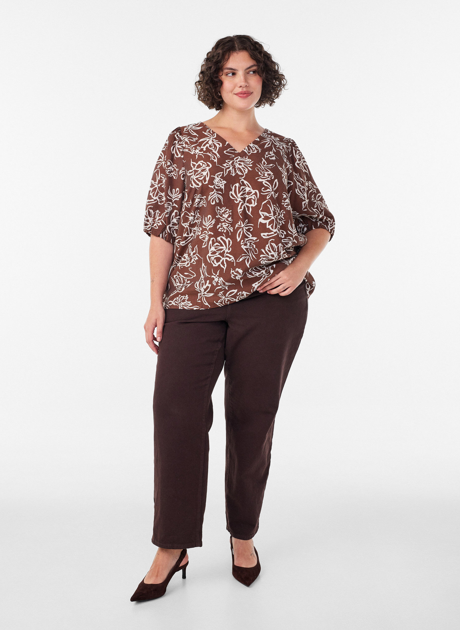 ZizziViskosebluse med V-hals, Brun, Model image number 1