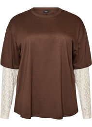 Loose fit T-skjorte med lange blondeermer, Brun