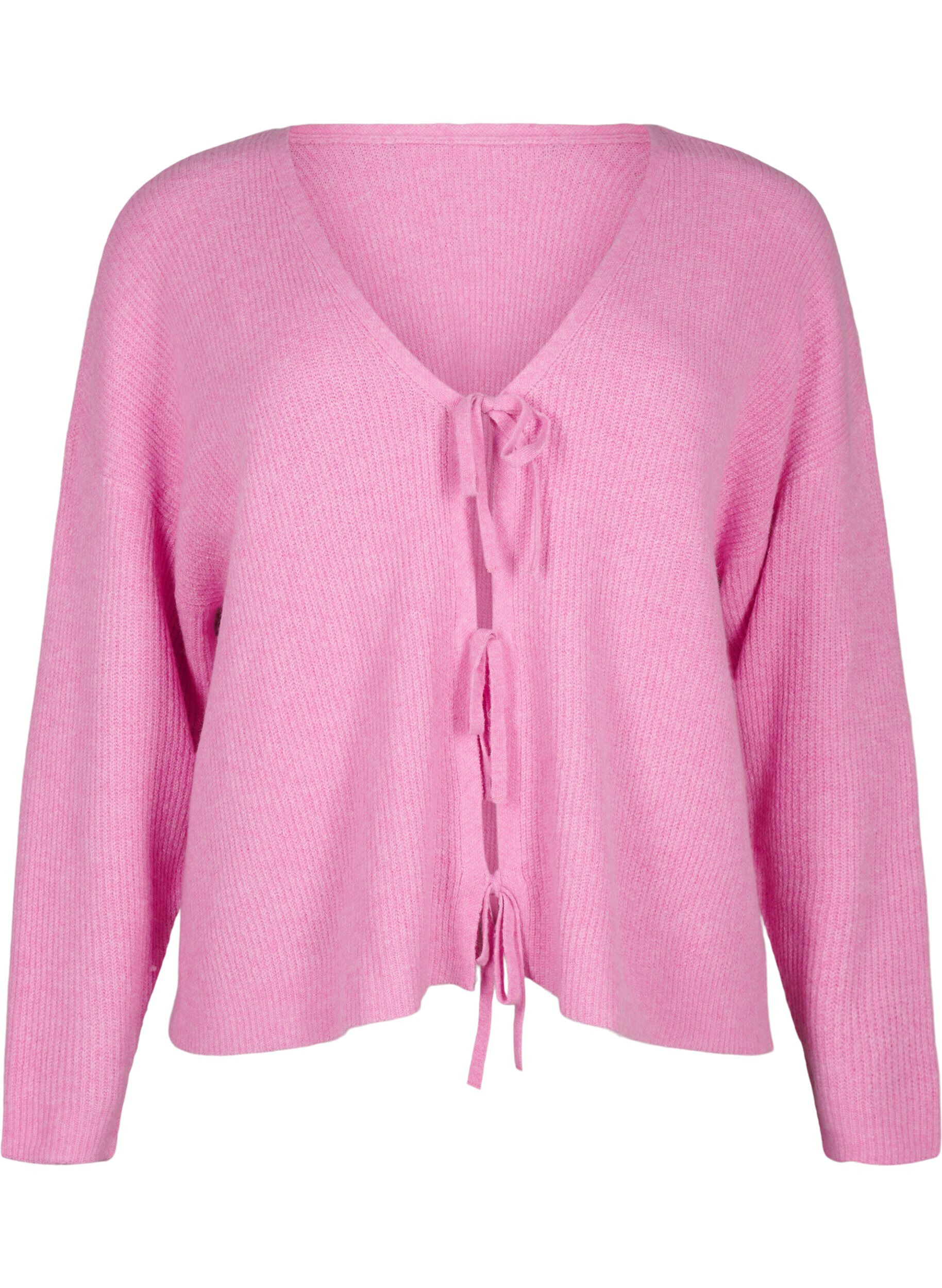 Zizzi Strikket cardigan med knytebelte, Begonia Pink Mel., Packshot image number 0
