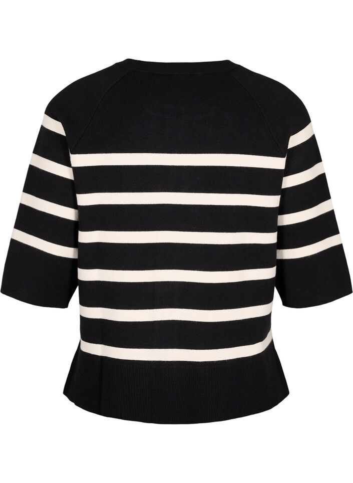 Strikket bluse med striper og 3/4 ermer, Black Birch Stripes, Packshot image number 1