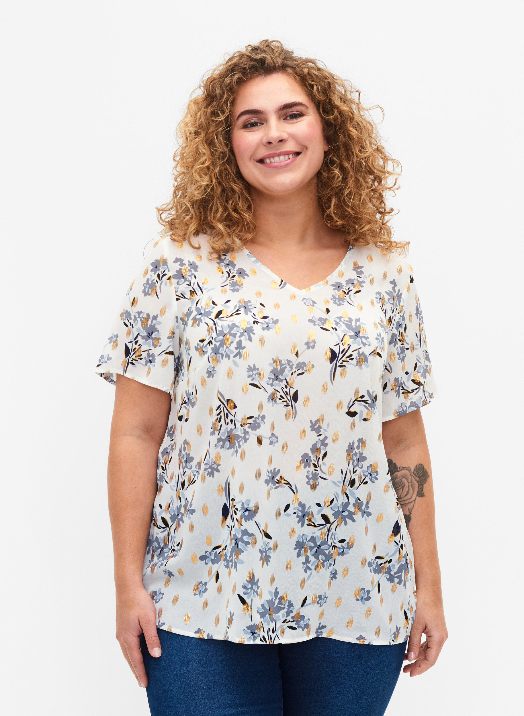 Zizzi Bluse med print og lurex, White Flower/Gold, Model image number 0