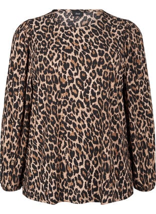 Zizzi Bluse med lange ermer og leopardmønster, Brun, Packshot image number 0